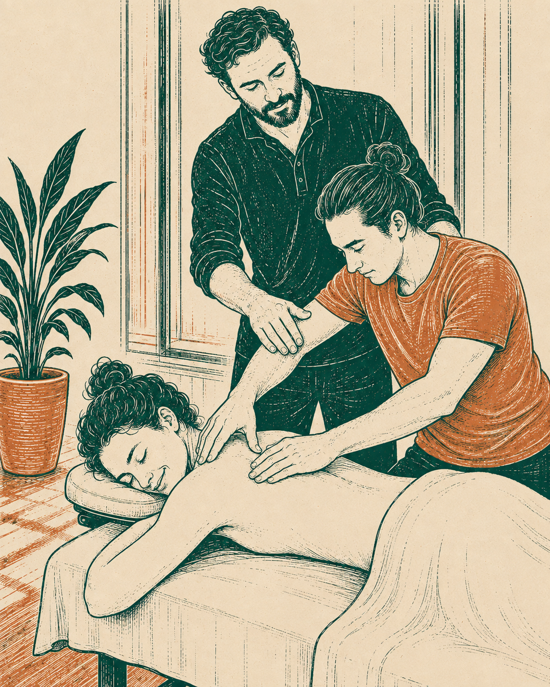 Illustration: Ein Paar übt an einem Massagetisch, während der Seminarleiter die Handhaltung korrigiert – Paarmassage-Seminar in Berlin
