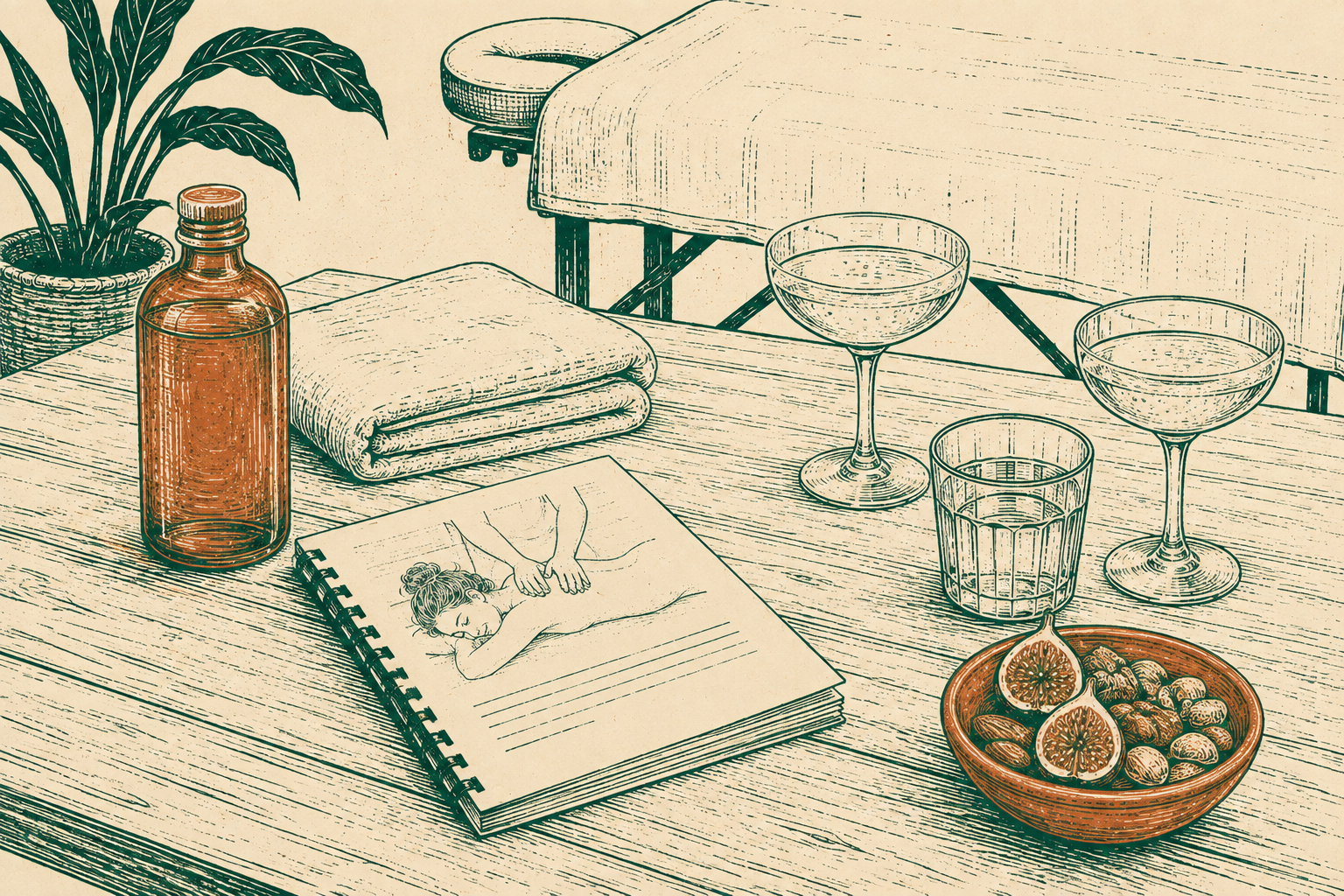 Illustration: Vorbereiteter Tisch mit Massageöl, Seminarunterlagen, Sektgläsern und Snack vor Seminarbeginn